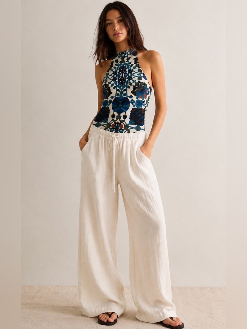 Free People Floral Halter Bodysuit Dress - Blue/White/Brown
